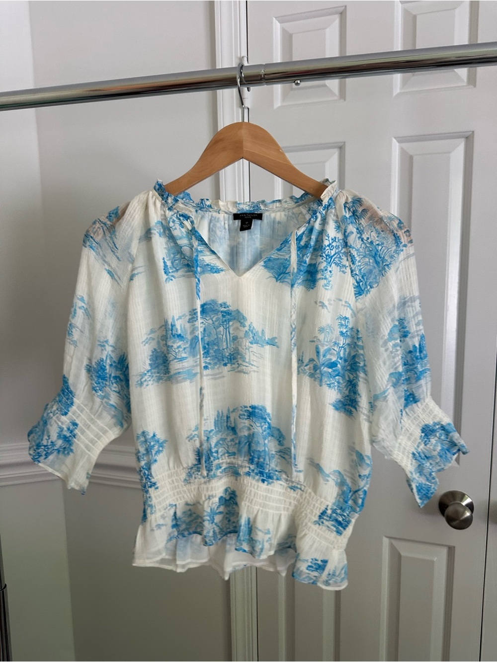 Ann Taylor Cream Blouse with Blue Toile Print